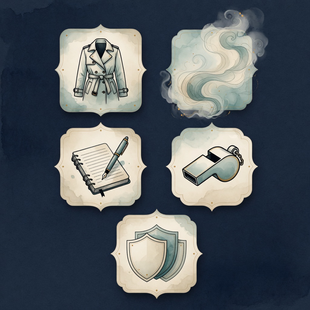 Ink and watercolor profile motifs for Casual Shadow, Ghost, Journalist, and Paranoid postures